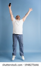 Handsome Caucasian Plus Size Male Model Isolated On Blue Studio Background. Concept Of Inclusion, Human Emotions, Facial Expression