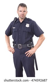 Handsome Caucasian Police Officer Wearing Cop Uniform Stands With Authority And Bold Eyes On White Background