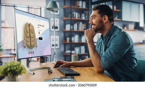 Handsome Caucasian Specialist Using Desktop Computer with Clothing Online Web Store to Choose and Buy Clothes from New Collection. Happy Man Browsing Over the Internet at Home Living Room. - Shutterstock ID 2060795009