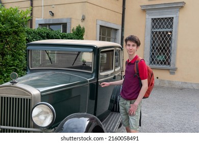 Handsome Cheerful Teen Boy Near Retro Car, Summer Outdoor