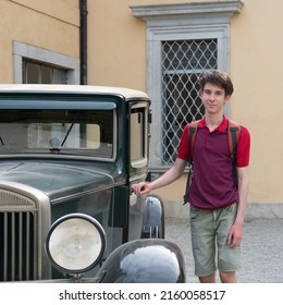 Handsome Cheerful Teen Boy Near Retro Car, Summer Outdoor