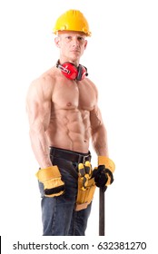 handsome construction worker posing isolated in white