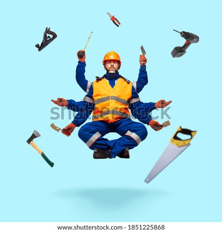 Handsome contractor, multi-armed builder levitating isolated on blue studio background with equipment. Concept of professional occupation, work, job, building, investment. Multi-task like Shiva.