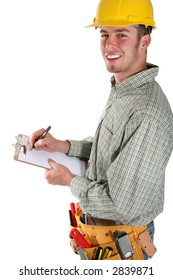 A Handsome Contruction Worker Taking Noted Isolated Over White