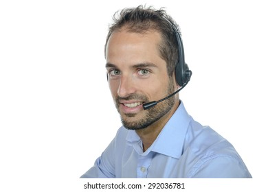 Handsome customer service operator wearing a headset on white background