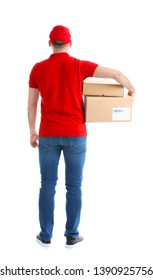 Handsome Delivery Man With Boxes On White Background, Back View