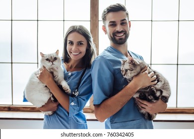 Handsome doctor veterinarian and his attractive assistant at vet clinic are holding cute cats on hands, smiling and looking at camera. - Powered by Shutterstock