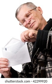 Handsome Elderly Man Opening Letter Envelope Isolated