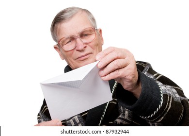 Handsome Elderly Man Opening Letter Envelope Isolated