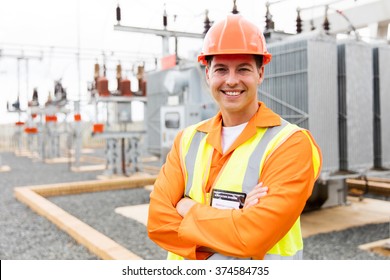 Handsome Electrical Engineer Arms Crossed In Substation