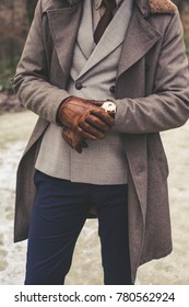 Handsome Elegant Man In The Park Wear Suit And Coat