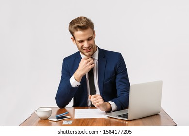 Handsome Elegant Successful Businessman, Man Working In Office, Cringe As Seeing Something Disgusting At Laptop Display, Cringe From Dislike Or Aversion, Sitting Working Documents