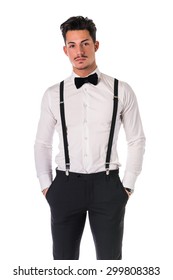 Handsome Elegant Young Man With Business Suit, Suspenders, Isolated On White, Smiling And Looking  At Camera