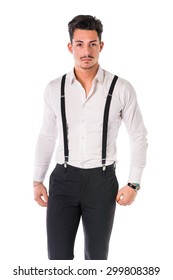 Handsome Elegant Young Man With Business Suit, Suspenders, Isolated On White, Smiling And Looking  At Camera