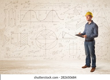 Handsome Engineer Calculating With Hand Drawn Background Concept