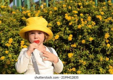 Handsome Funny Little Boy In A Yellow Panama Hat. The Child Eats A Lolipop In The Form Of A Heart. Concept: Summer, Travel To Exotic Destinations, Smile. Positive Child In The Garden