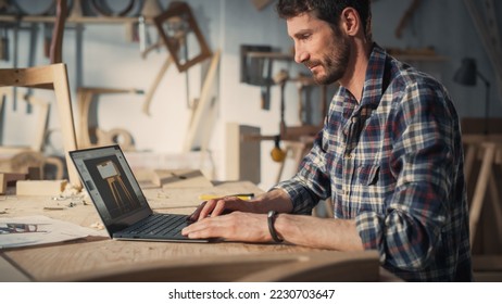 Handsome Furniture Designer Working on Laptop Computer, Creating a Digital 3D Model of a Stylish Wooden Bedside Table. Creative Young Man Preparing a Design for Carpentry Project. - Powered by Shutterstock