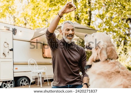 Handsome grey-haired mature man feeding his dog with something delicious with caravan home behind. Pet owner traveler caravanning by trailer with retriever
