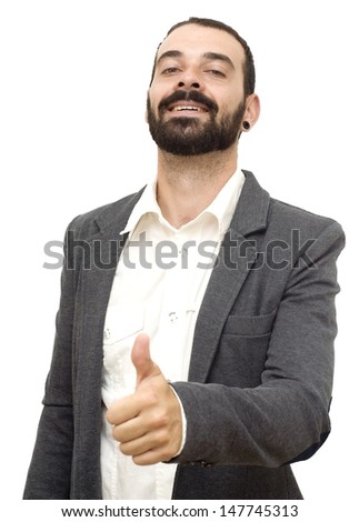 Handsome guy with beard and jacket and her thumb up on white background