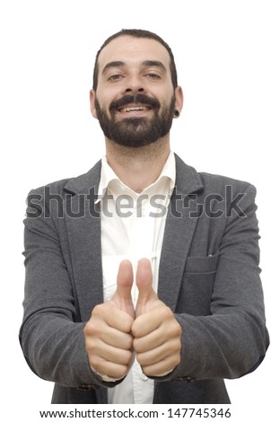 Handsome guy with beard and jacket and her thumb up on white background