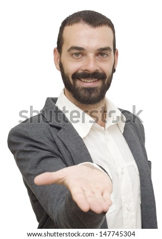 Handsome guy with beard and jacket,  looking in open hand on white background
