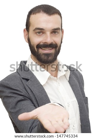 Handsome guy with beard and jacket,  looking in open hand on white background