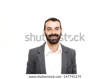 Handsome guy with beard and jacket on white background