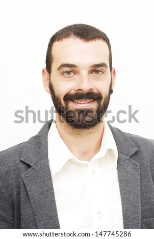 Handsome guy with beard and jacket on white background