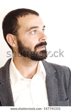 Handsome guy with beard and jacket on white background