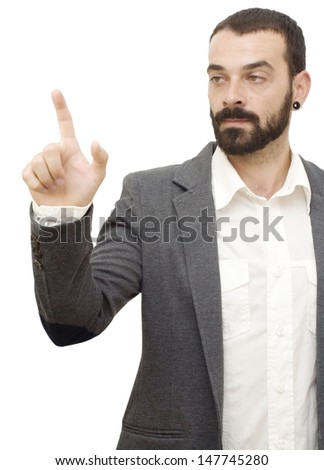 Handsome guy with beard and jacket,  pointing up with index finger on white background