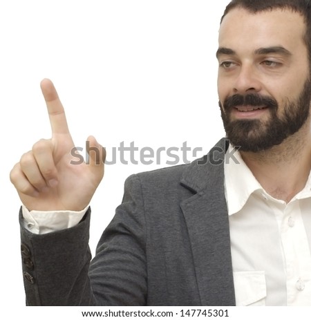 Handsome guy with beard and jacket,  pointing up with index finger on white background