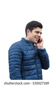 handsome guy in a blue down jacket talking on the phone and smiling on the white background, isolated