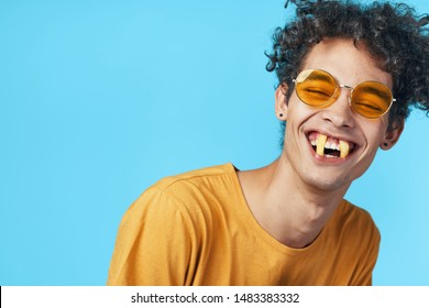 Handsome Guy Curly Hair Yellow Tank Top French Fries Fast Food Yellow Glasses                  