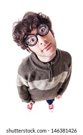 An Handsome Guy, Maybe A Student, In Casual Clothing With Thick Glasses And A Nerdy Look. Isolated On White