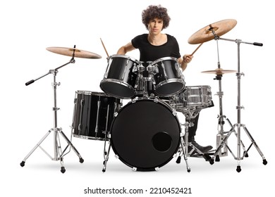 Handsome Guy Playing Drums Isolated On White Background