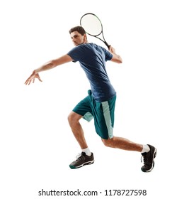 Handsome Guy Playing Tennis, Isolated On White. Big Swing Of A Racket Before The Forehand Stroke.