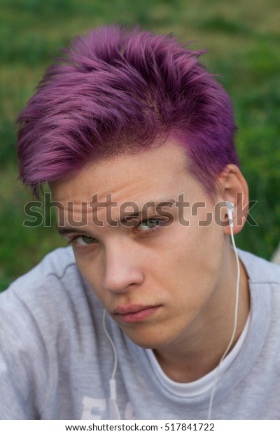 Handsome Guy Purple Hair Listening Music Royalty Free Stock Image