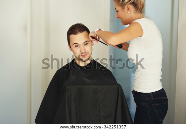 Handsome Happy Funny Groom Getting Haircut Stock Photo Edit Now