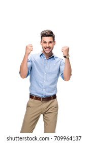 Handsome Happy Man Celebrating Victory Isolated On White