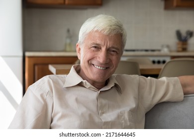 Handsome happy older grey-haired single man relaxing on cozy sofa smiling looking at camera enjoy carefree retired life, spend leisure alone at modern home. Untroubled male pensioner portrait concept - Powered by Shutterstock