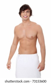 Handsome, Happy Young Man With The Towel Around His Waist. Isolated On White