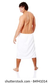 Handsome, Happy Young Man With The Towel Around His Waist. Isolated On White