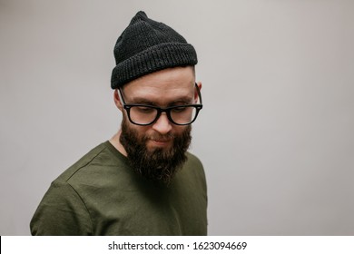 Handsome Hipster Guy With Beard Wearing Blank Casual Beanie. Mockup For Print