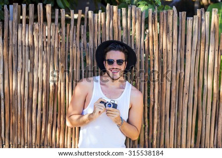 Similar – Glücklicher Mann mit Sonnenbrille lacht bei der Sommerparty.