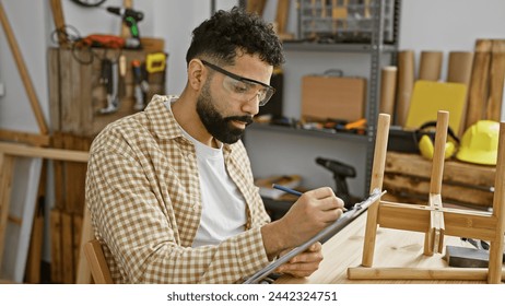Handsome hispanic carpenter with beard takes notes in a well-equipped woodworking workshop.