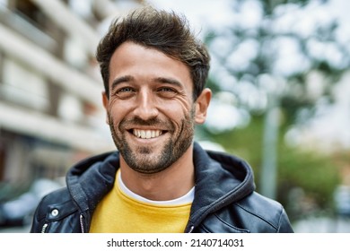 Handsome Hispanic Man With Beard Smiling Happy Outdoors