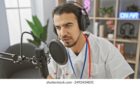 Handsome hispanic man with beard in studio wearing headphones speaking into microphone
