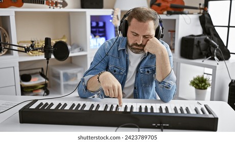 Handsome hispanic mature man with grey hair wearing headphones playing keyboard in a music studio.