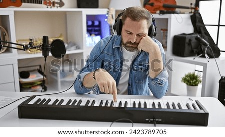 Handsome hispanic mature man with grey hair wearing headphones playing keyboard in a music studio.