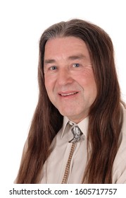 A Handsome Indigenous Man Smiling In A Portrait Shoot With His
Long Brunette Hair, Isolated For White Background
